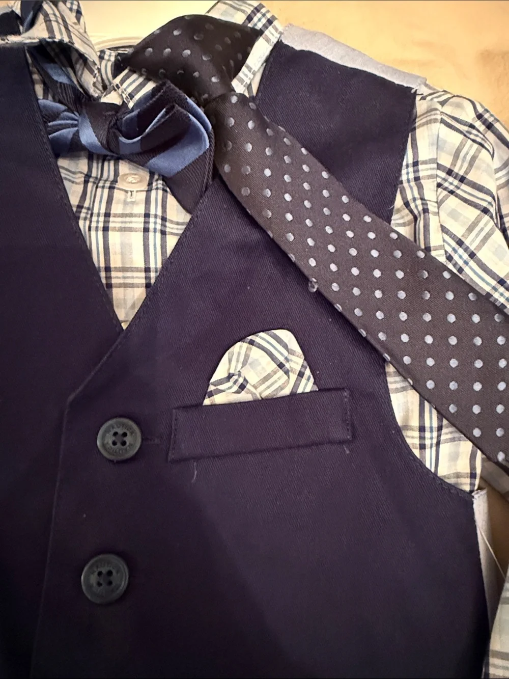 Nautica Navy Vest & Blue Plaid Shirt with Khaki Pants and Polka Dot Tie